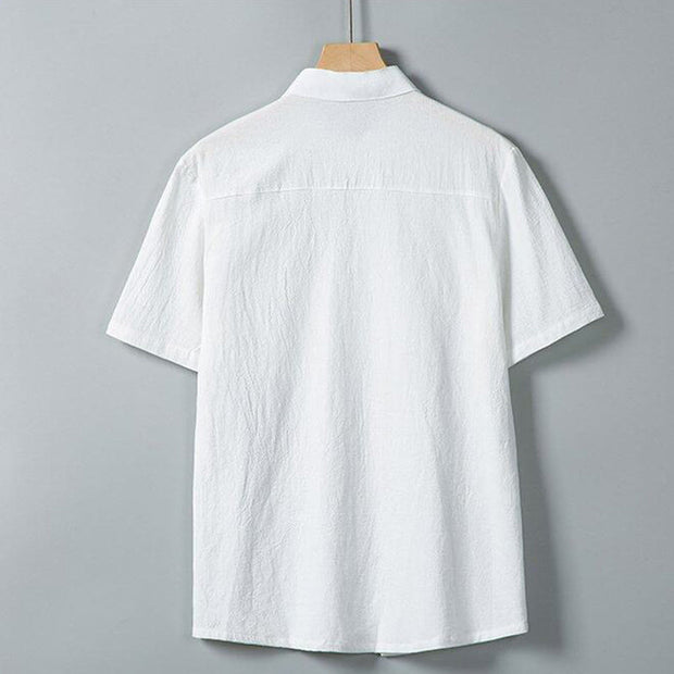Buddha Stones Daily Printing Solid Color Single Breasted Men's Short Sleeve Cotton Linen Shirt WIth Pockets