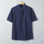 Buddha Stones Daily Printing Solid Color Single Breasted Men's Short Sleeve Cotton Linen Shirt WIth Pockets