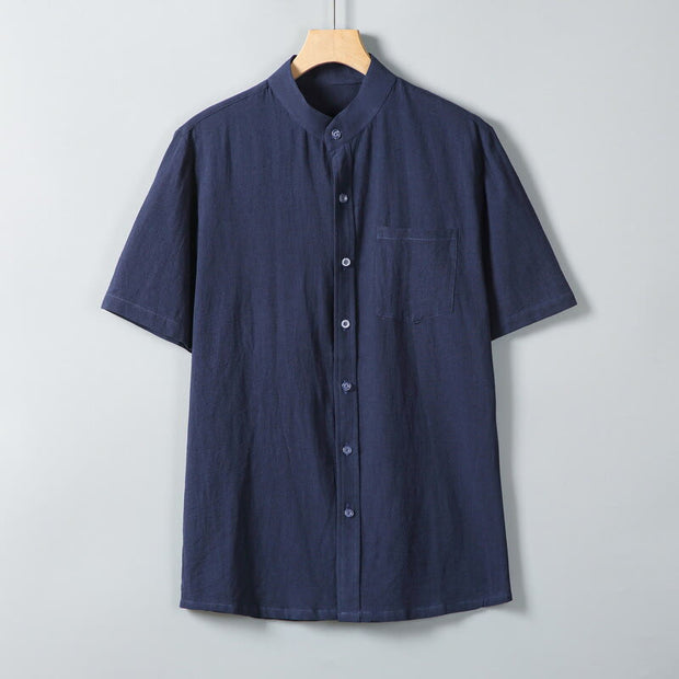 Buddha Stones Daily Printing Solid Color Single Breasted Men's Short Sleeve Cotton Linen Shirt WIth Pockets