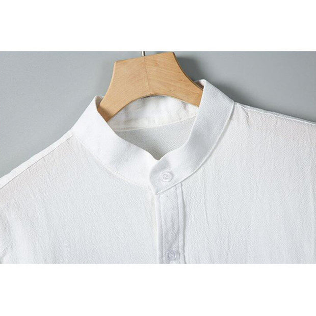 Buddha Stones Daily Printing Solid Color Single Breasted Men's Short Sleeve Cotton Linen Shirt WIth Pockets