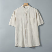 Buddha Stones Daily Printing Solid Color Single Breasted Men's Short Sleeve Cotton Linen Shirt WIth Pockets