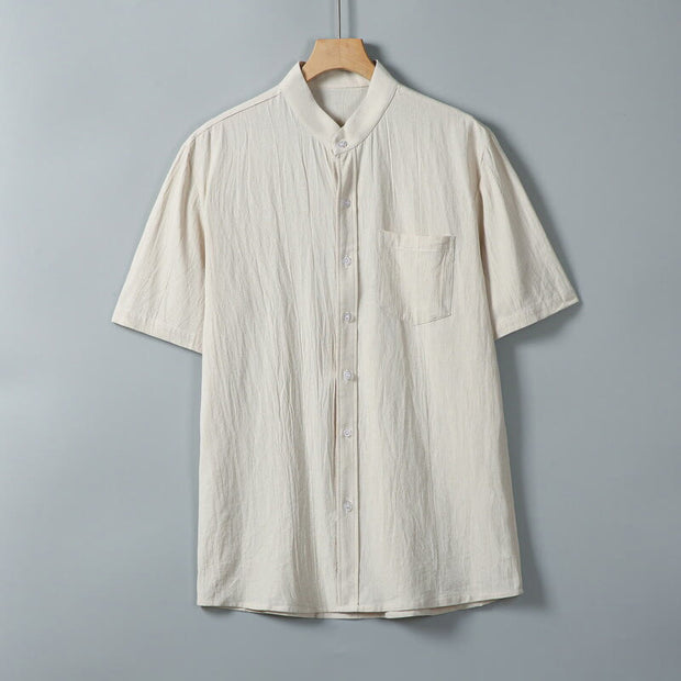 Buddha Stones Daily Printing Solid Color Single Breasted Men's Short Sleeve Cotton Linen Shirt WIth Pockets