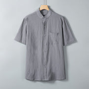 Buddha Stones Daily Printing Solid Color Single Breasted Men's Short Sleeve Cotton Linen Shirt WIth Pockets