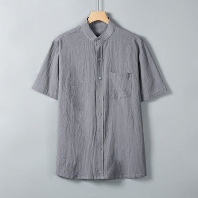 Buddha Stones Daily Printing Solid Color Single Breasted Men's Short Sleeve Cotton Linen Shirt WIth Pockets