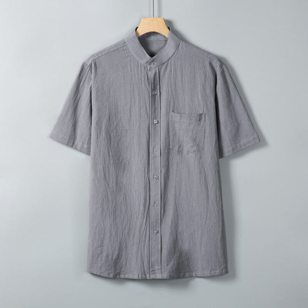 Buddha Stones Daily Printing Solid Color Single Breasted Men's Short Sleeve Cotton Linen Shirt WIth Pockets