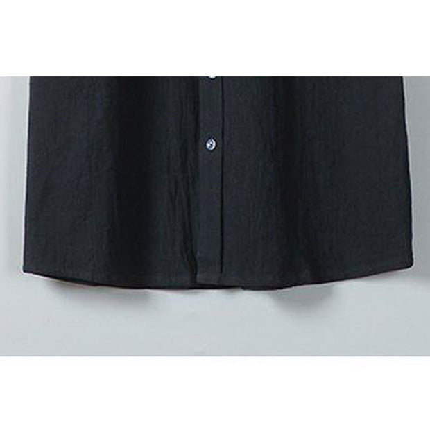Buddha Stones Daily Printing Solid Color Single Breasted Men's Short Sleeve Cotton Linen Shirt WIth Pockets
