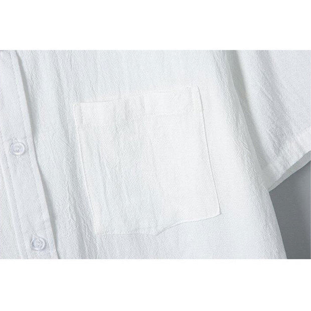 Buddha Stones Daily Printing Solid Color Single Breasted Men's Short Sleeve Cotton Linen Shirt WIth Pockets