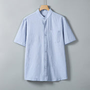 Buddha Stones Daily Printing Solid Color Single Breasted Men's Short Sleeve Cotton Linen Shirt WIth Pockets