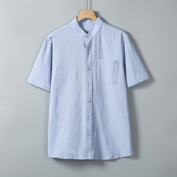 Buddha Stones Daily Printing Solid Color Single Breasted Men's Short Sleeve Cotton Linen Shirt WIth Pockets