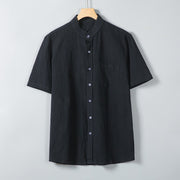 Buddha Stones Daily Printing Solid Color Single Breasted Men's Short Sleeve Cotton Linen Shirt WIth Pockets