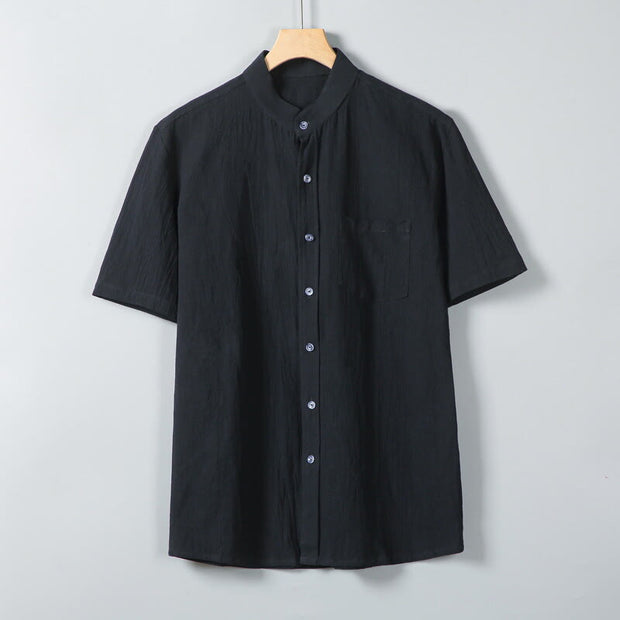 Buddha Stones Daily Printing Solid Color Single Breasted Men's Short Sleeve Cotton Linen Shirt WIth Pockets