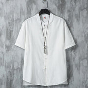 Buddha Stones Daily Casual Plain Chinese Frog-Button Men's Short Sleeve Cotton Linen Shirt