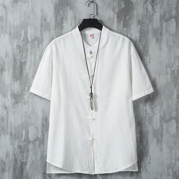 Buddha Stones Daily Casual Plain Chinese Frog-Button Men's Short Sleeve Cotton Linen Shirt