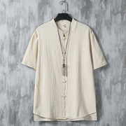 Buddha Stones Daily Casual Plain Chinese Frog-Button Men's Short Sleeve Cotton Linen Shirt