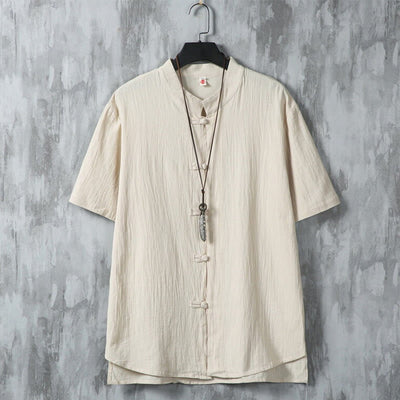 Buddha Stones Daily Casual Plain Chinese Frog-Button Men's Short Sleeve Cotton Linen Shirt