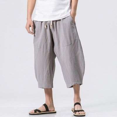 Buddha Stones Summer Casual Simple Plain Design 7-8 Length Men's Cotton Linen Drawstring Pants With Pockets