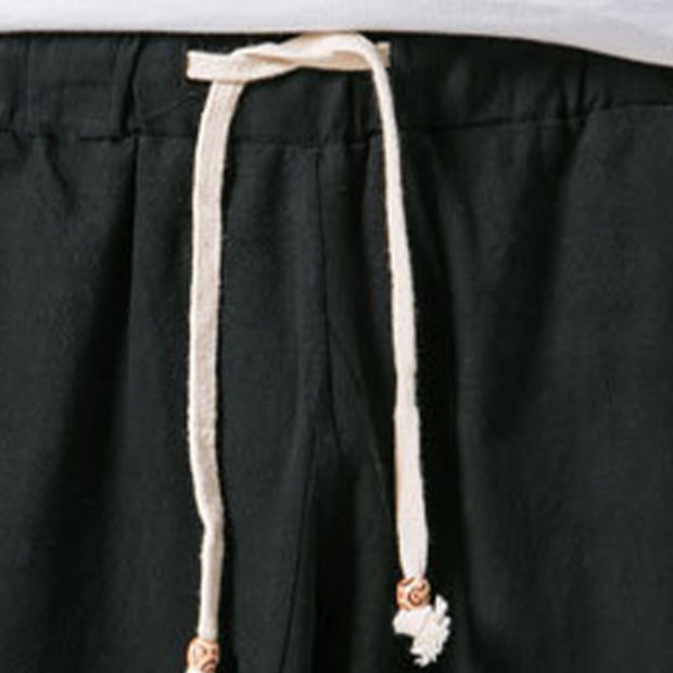 Buddha Stones Summer Casual Simple Plain Design 7-8 Length Men's Cotton Linen Drawstring Pants With Pockets