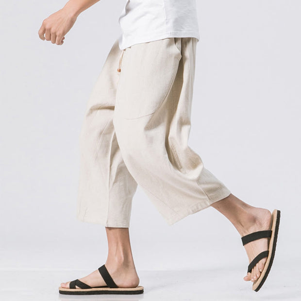 Buddha Stones Summer Casual Simple Plain Design 7-8 Length Men's Cotton Linen Drawstring Pants With Pockets