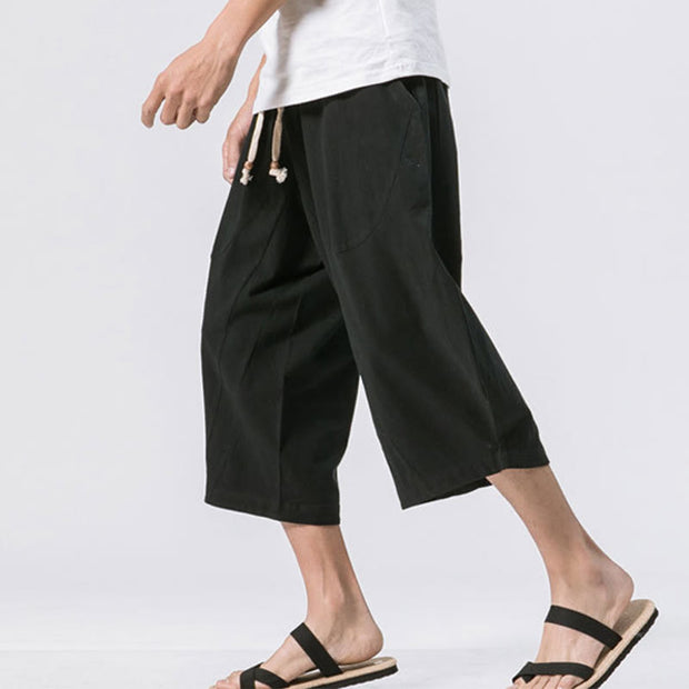 Buddha Stones Summer Casual Simple Plain Design 7-8 Length Men's Cotton Linen Drawstring Pants With Pockets