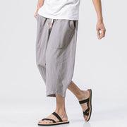 Buddha Stones Summer Casual Simple Plain Design 7-8 Length Men's Cotton Linen Drawstring Pants With Pockets