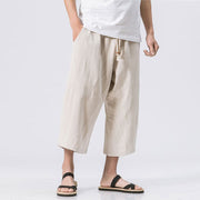 Buddha Stones Summer Casual Simple Plain Design 7-8 Length Men's Cotton Linen Drawstring Pants With Pockets