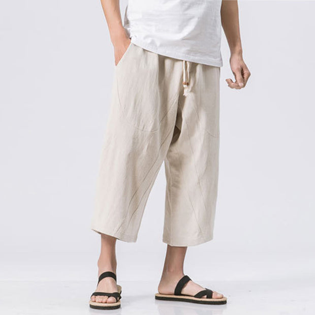 Buddha Stones Summer Casual Simple Plain Design 7-8 Length Men's Cotton Linen Drawstring Pants With Pockets