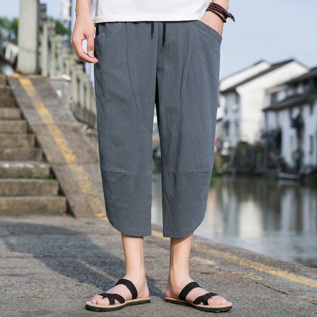 Buddha Stones Summer Casual Simple Plain Tapered Design Drawstring Men's  7-8 Length Cotton Linen Pants With Pockets