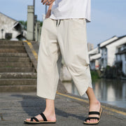Buddha Stones Summer Casual Simple Plain Tapered Design Drawstring Men's  7-8 Length Cotton Linen Pants With Pockets