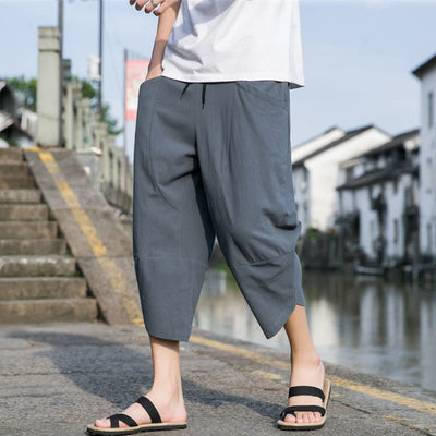 Buddha Stones Summer Casual Simple Plain Tapered Design Drawstring Men's  7-8 Length Cotton Linen Pants With Pockets