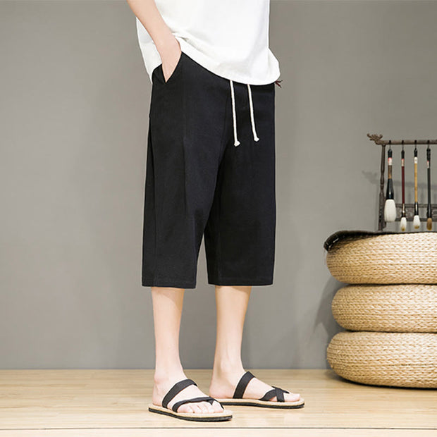 Buddha Stones Casual Summer Drawstring Solid Color Cropped Cotton Linen Men's Harem Pants With Pockets