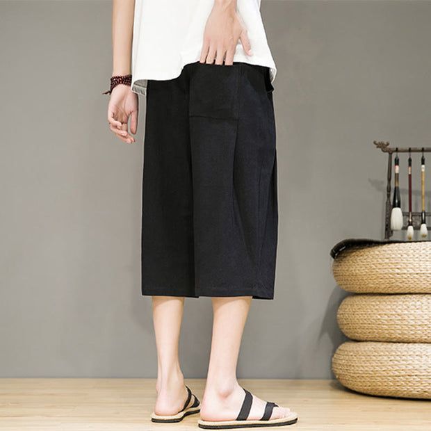 Buddha Stones Casual Summer Drawstring Solid Color Cropped Cotton Linen Men's Harem Pants With Pockets