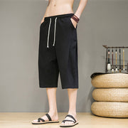 Buddha Stones Casual Summer Drawstring Solid Color Cropped Cotton Linen Men's Harem Pants With Pockets