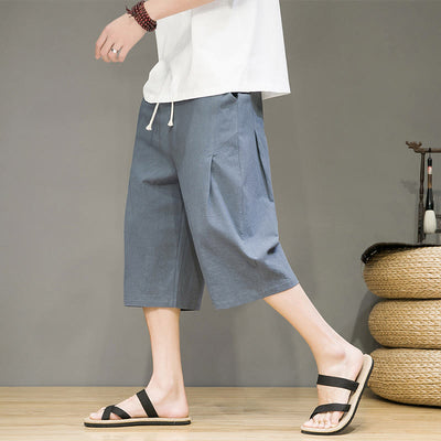Buddha Stones Casual Summer Drawstring Solid Color Cropped Cotton Linen Men's Harem Pants With Pockets