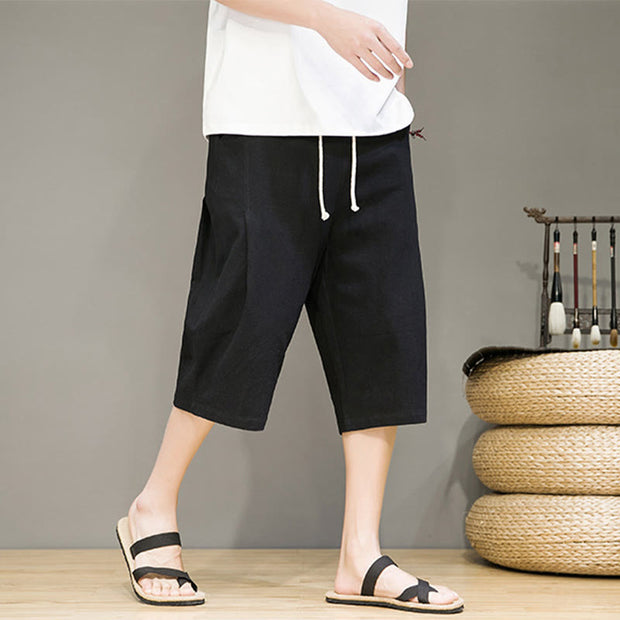 Buddha Stones Casual Summer Drawstring Solid Color Cropped Cotton Linen Men's Harem Pants With Pockets