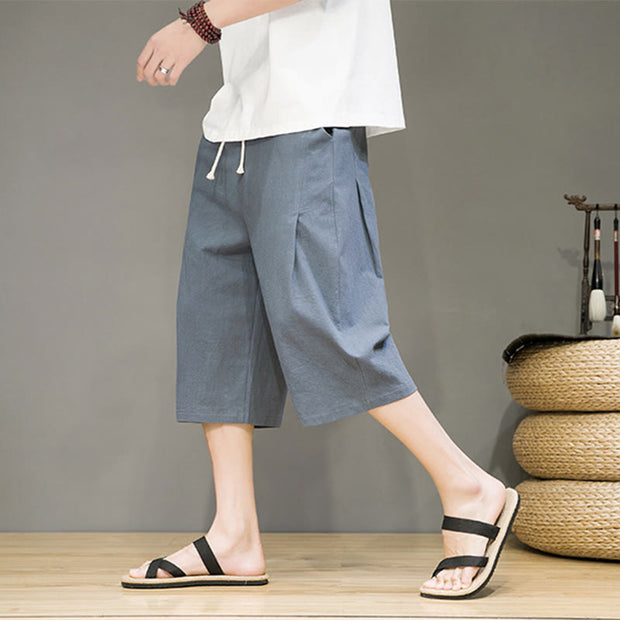 Buddha Stones Casual Summer Drawstring Solid Color Cropped Cotton Linen Men's Harem Pants With Pockets