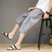 Buddha Stones Casual Summer Drawstring Solid Color Cropped Cotton Linen Men's Harem Pants With Pockets