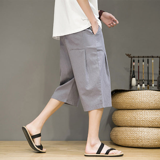 Buddha Stones Casual Summer Drawstring Solid Color Cropped Cotton Linen Men's Harem Pants With Pockets