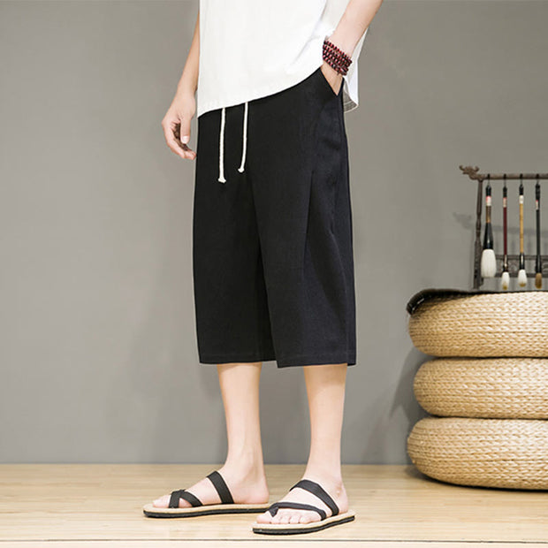 Buddha Stones Casual Summer Drawstring Solid Color Cropped Cotton Linen Men's Harem Pants With Pockets