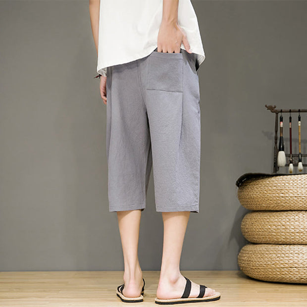 Buddha Stones Casual Summer Drawstring Solid Color Cropped Cotton Linen Men's Harem Pants With Pockets