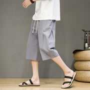 Buddha Stones Casual Summer Drawstring Solid Color Cropped Cotton Linen Men's Harem Pants With Pockets
