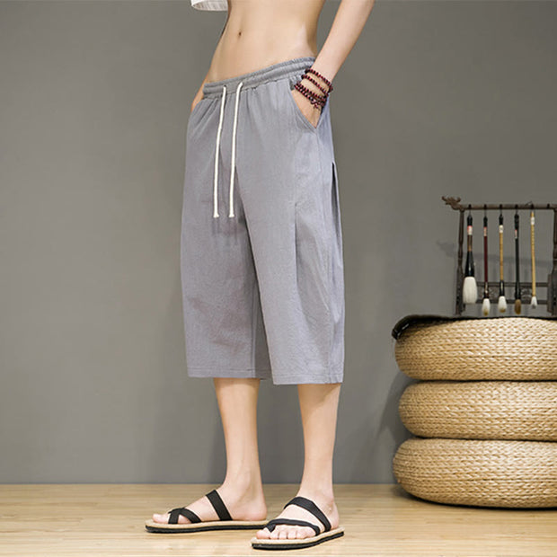 Buddha Stones Casual Summer Drawstring Solid Color Cropped Cotton Linen Men's Harem Pants With Pockets
