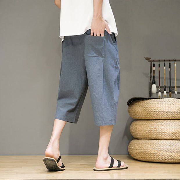 Buddha Stones Casual Summer Drawstring Solid Color Cropped Cotton Linen Men's Harem Pants With Pockets