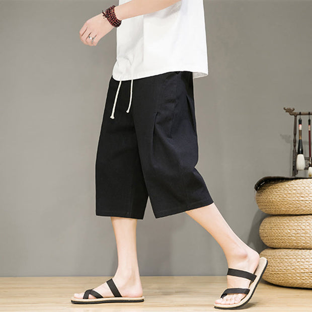 Buddha Stones Casual Summer Drawstring Solid Color Cropped Cotton Linen Men's Harem Pants With Pockets