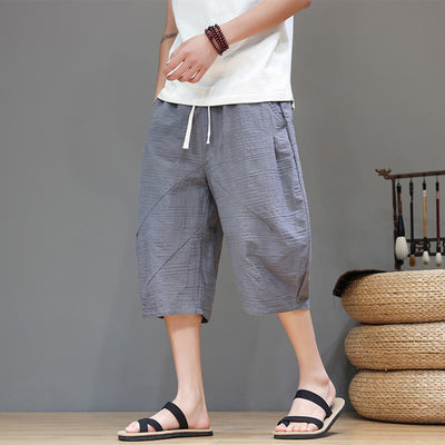 Buddha Stones Vintage Jacquard Solid Color Drawstring Cropped Cotton Linen Men's Harem Pants With Pockets