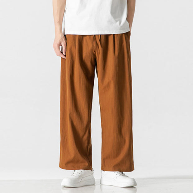 Buddha Stones Summer Casual Plain Straight Leg Design Men's Cotton Linen Drawstring Pants With Pockets