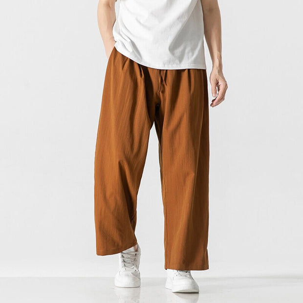 Buddha Stones Summer Casual Plain Straight Leg Design Men's Cotton Linen Drawstring Pants With Pockets