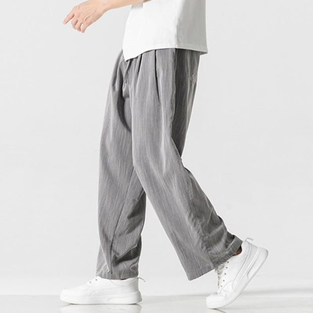 Buddha Stones Summer Casual Plain Straight Leg Design Men's Cotton Linen Drawstring Pants With Pockets