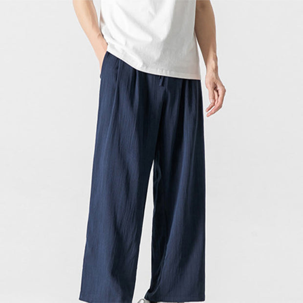 Buddha Stones Summer Casual Plain Straight Leg Design Men's Cotton Linen Drawstring Pants With Pockets