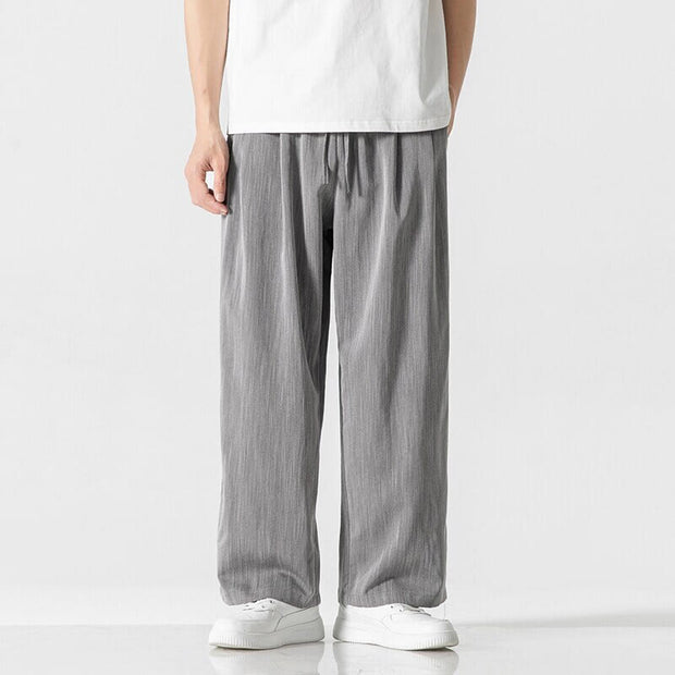 Buddha Stones Summer Casual Plain Straight Leg Design Men's Cotton Linen Drawstring Pants With Pockets