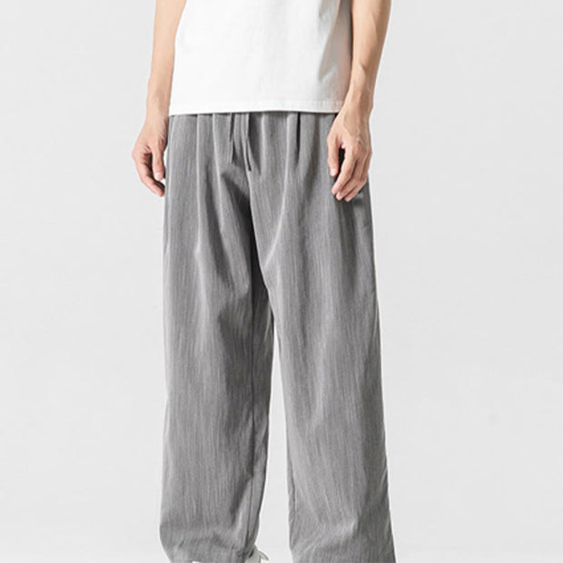 Buddha Stones Summer Casual Plain Straight Leg Design Men's Cotton Linen Drawstring Pants With Pockets